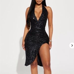 Black Sequin Halter Dress